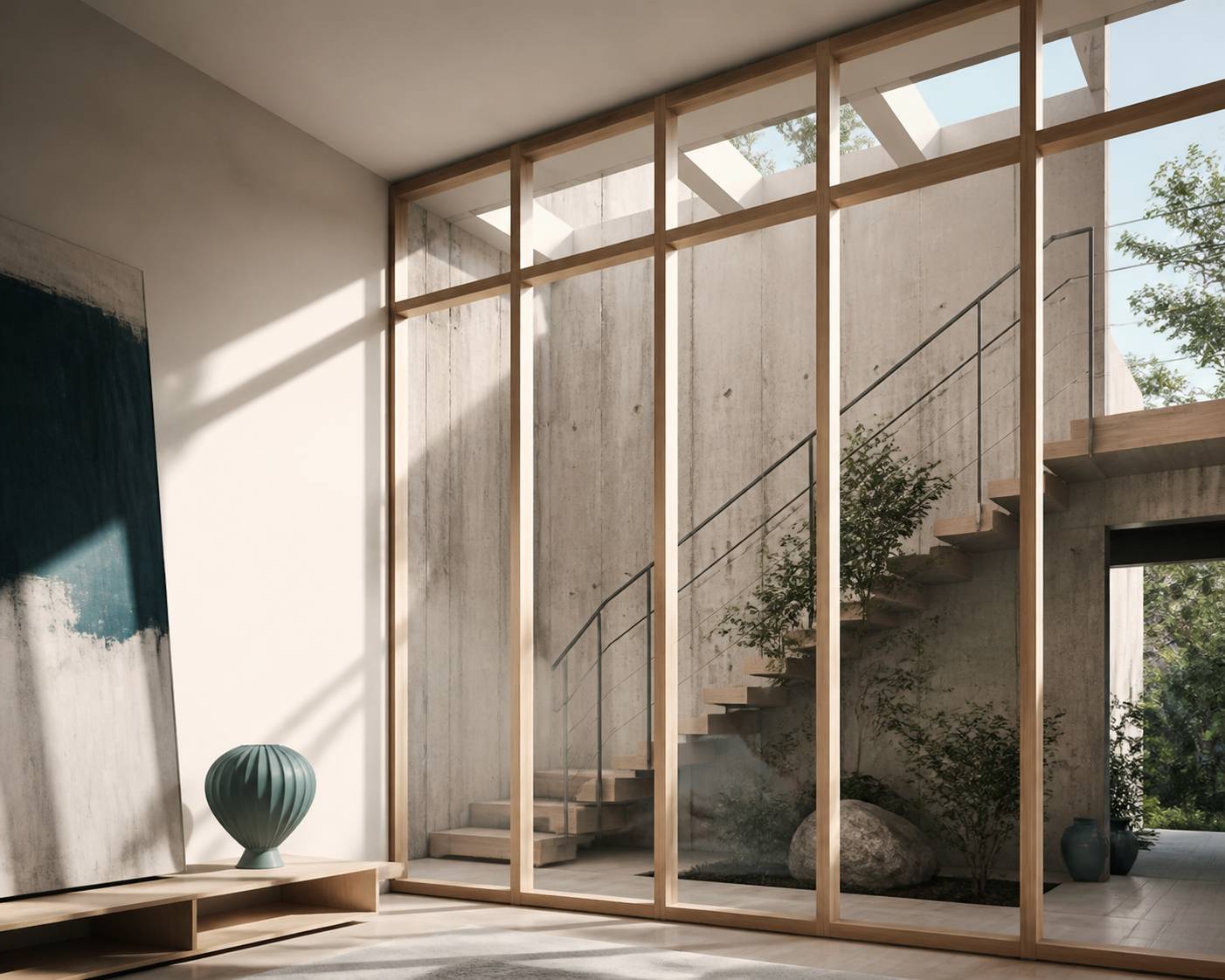 Verrière intérieure avec meneaux en bois et escalier baigné de lumière