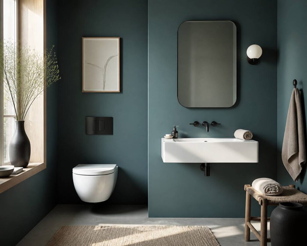 Petite salle d'eau aux murs peints en bleu profond