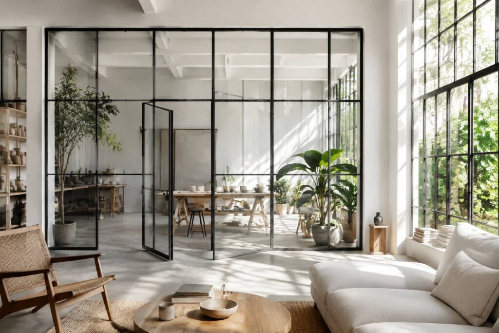 Verrière d'atelier à meneaux séparant un séjour d'un bureau dans un intérieur lumineux