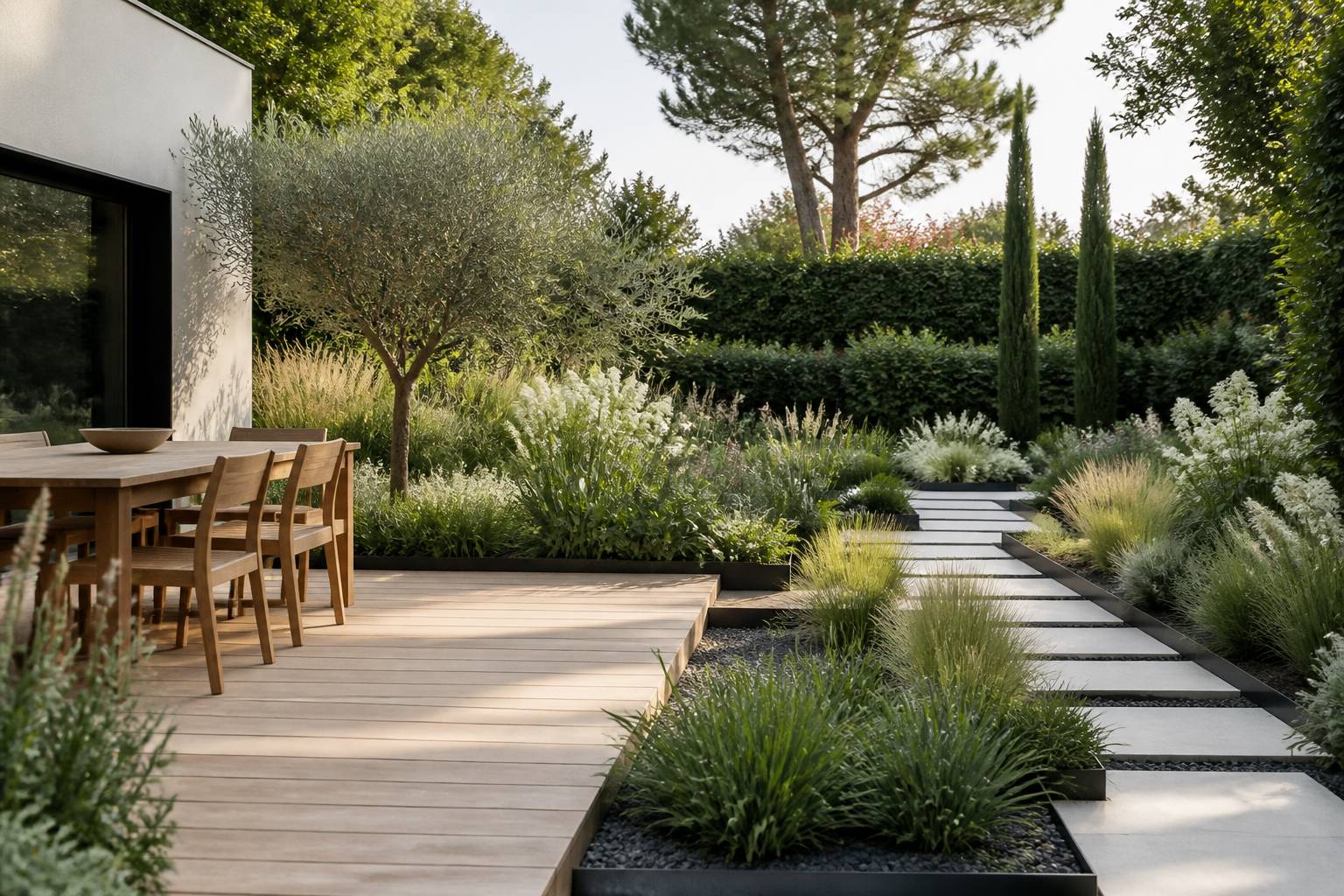 Aménagement de jardin structuré avec terrasse en bois, parterres géométriques et allées délimitées