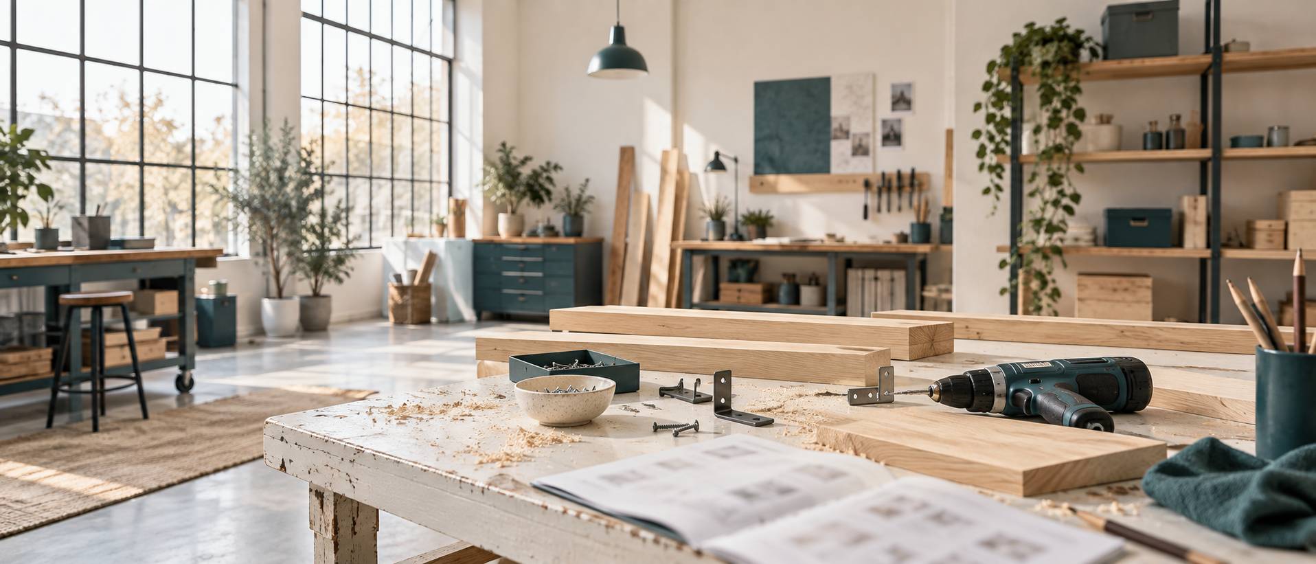 Intérieur aménagé avec étagères modulables en bois clair et boîtes de rangement