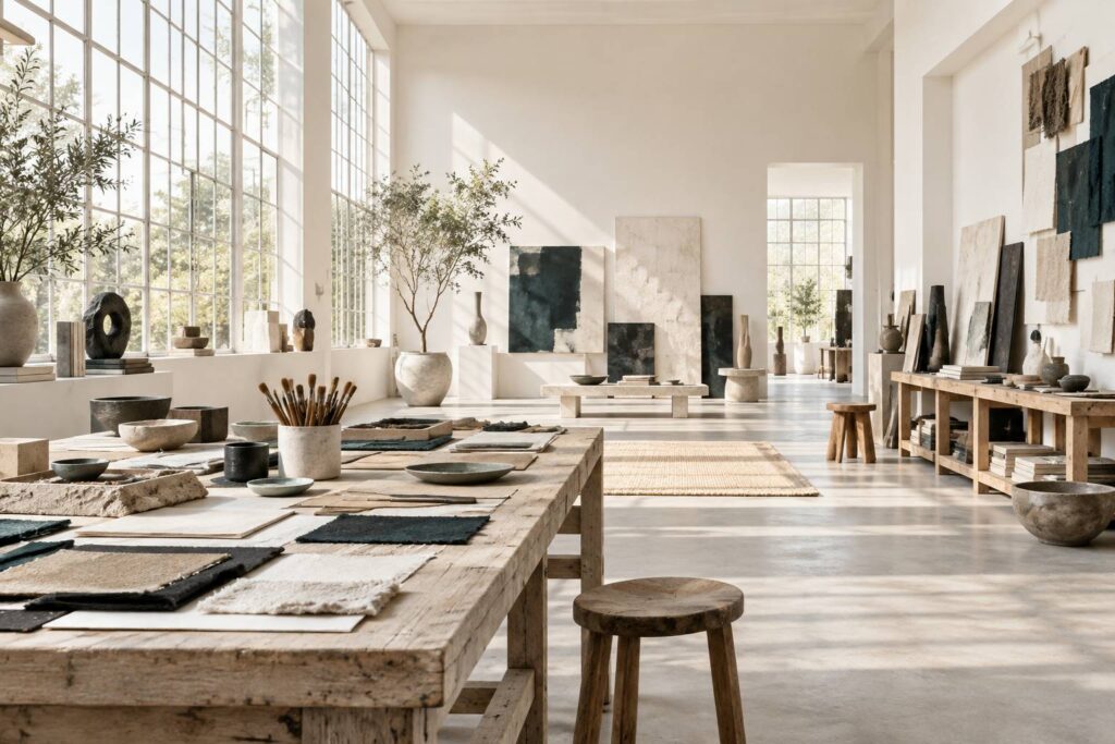 Atelier d'artiste lumineux avec verrière à meneaux fins et établis en bois