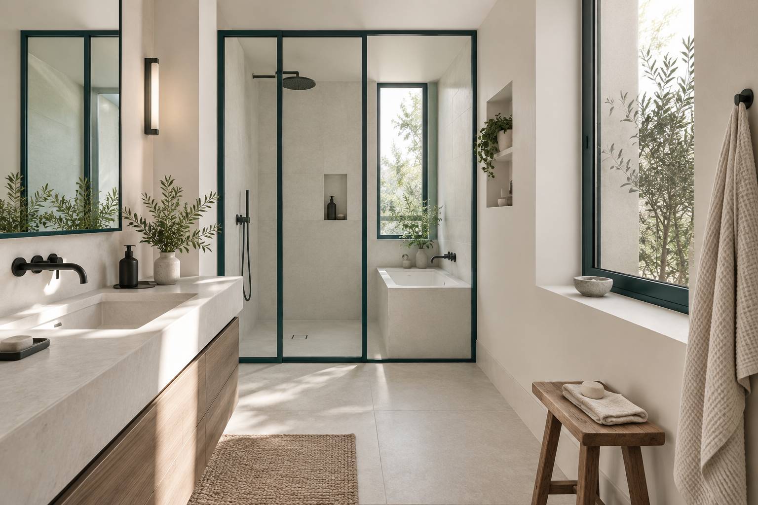 Salle d'eau étroite combinant receveur de douche et petite baignoire