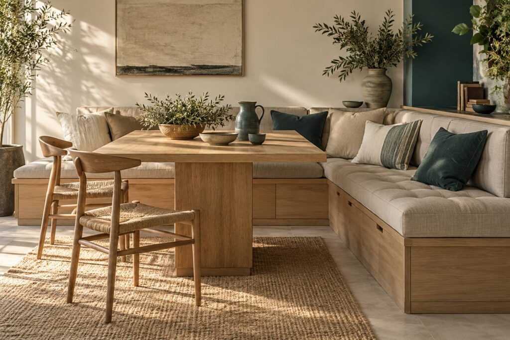Banquette d'angle sur mesure en bois clair avec assise capitonee dans un coin repas