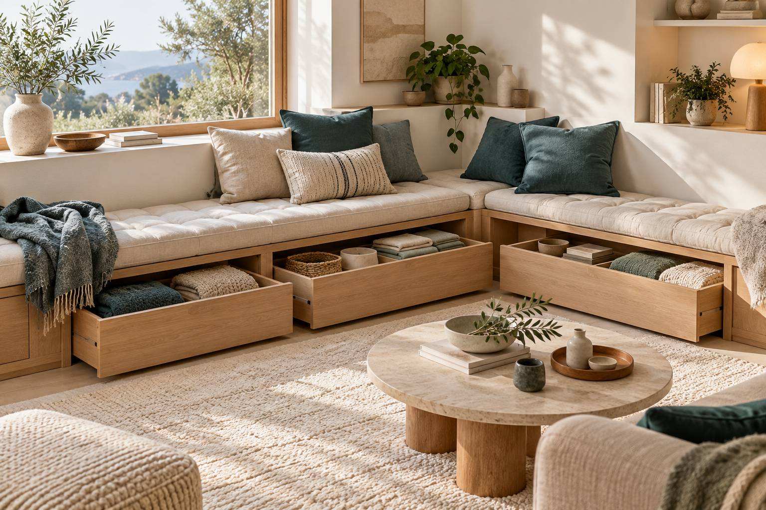 Banquette avec tiroirs de rangement ouverts sous une assise capitonee