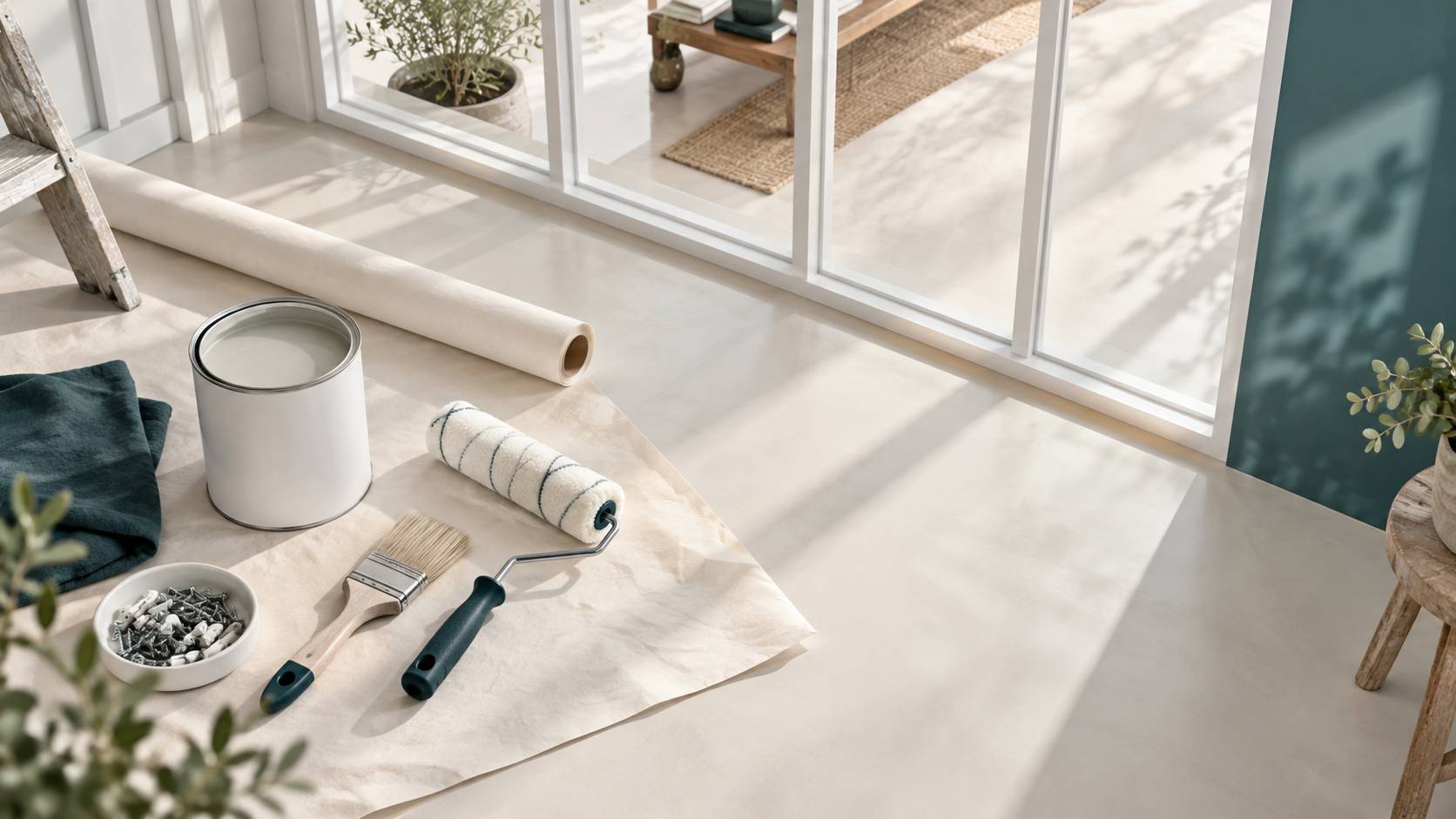 Pot de peinture neutre, pinceau et rouleau posés sur une protection claire