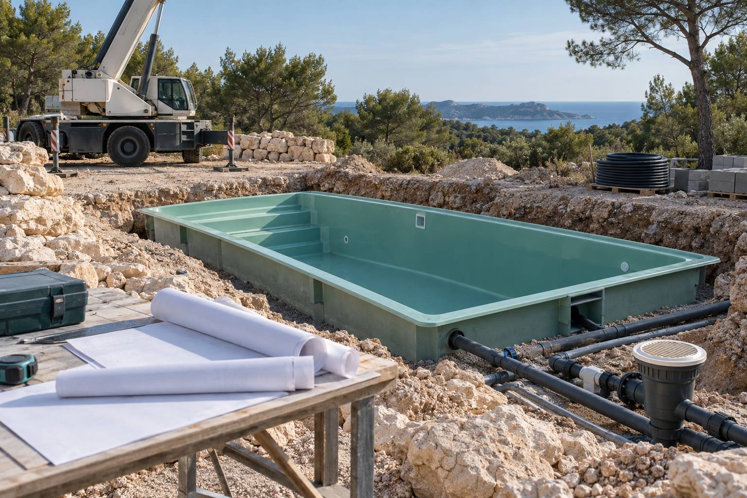 Coque de piscine posée dans son excavation sur un chantier en bord de pinède