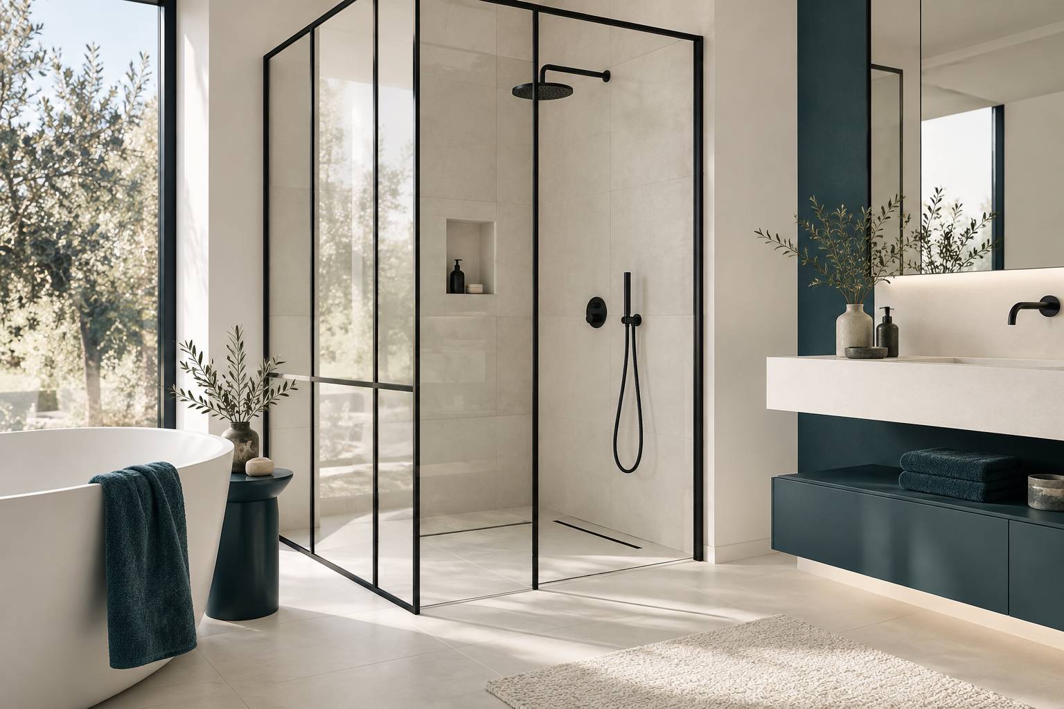 Gros plan sur une cloison de douche semi-vitrée aux montants fins noirs