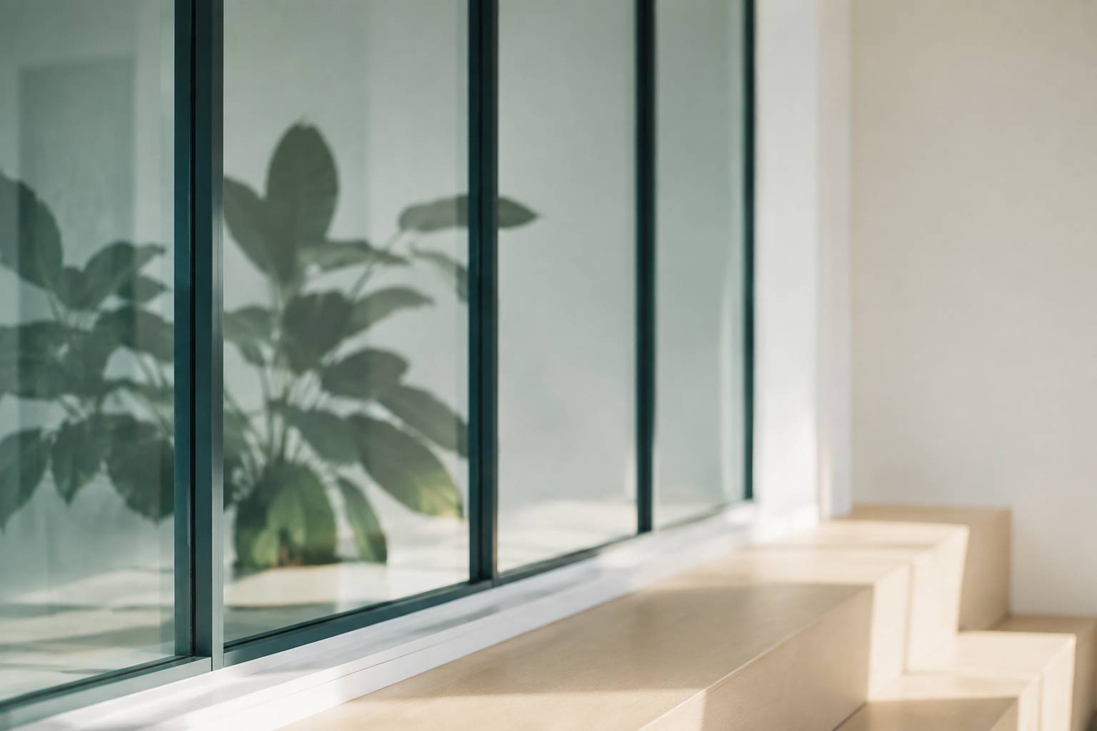 Cloison vitrée à meneaux avec reflets et transparence dans un intérieur clair