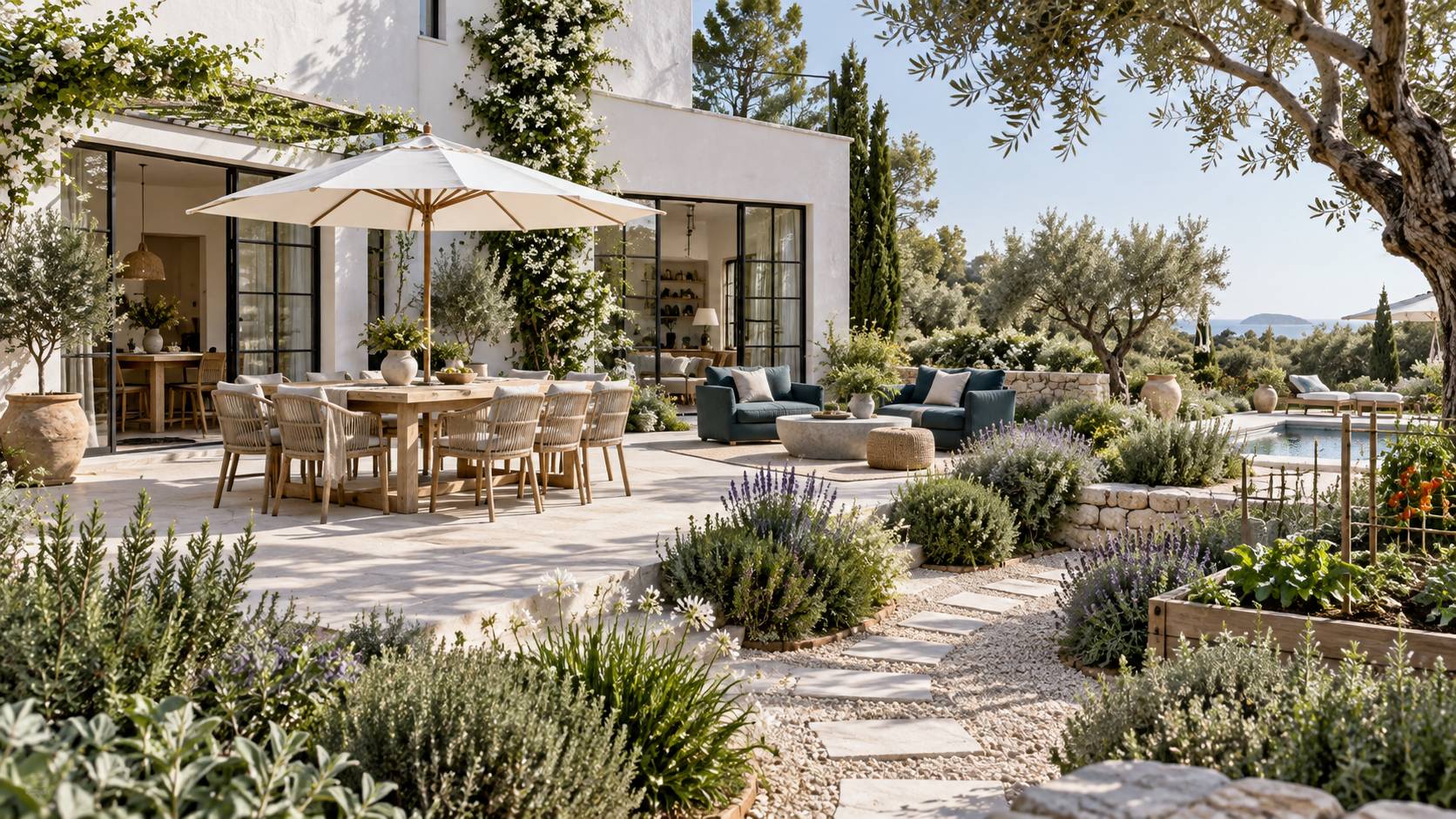 Illustration éditoriale du sujet : Comment transformer un jardin ensoleillé : 16 astuces déco et aménagements pratiques