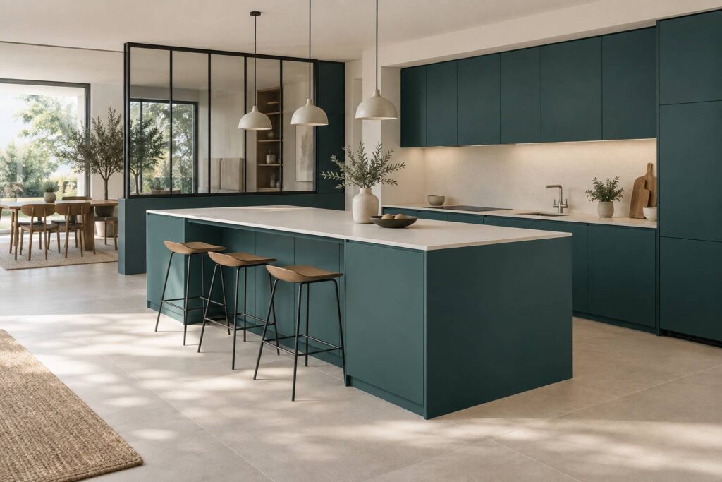 Cuisine contemporaine aux façades mates avec verrière à meneaux