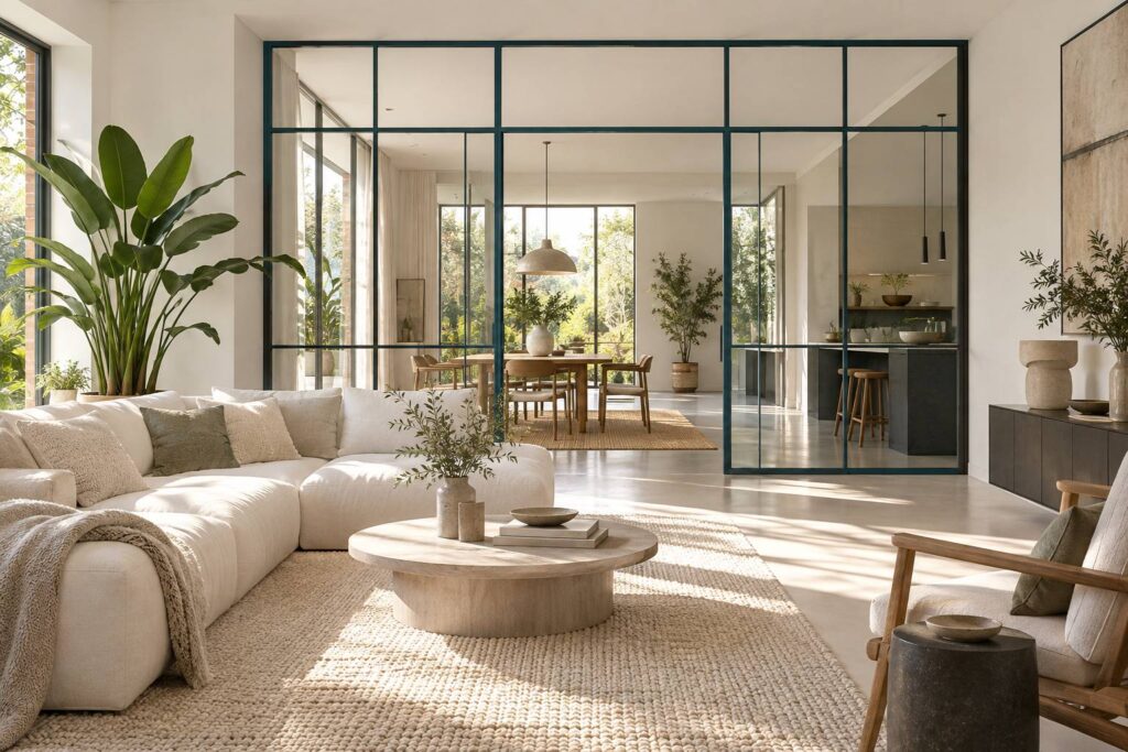 Interieur lumineux avec verriere, canape clair et plante verte