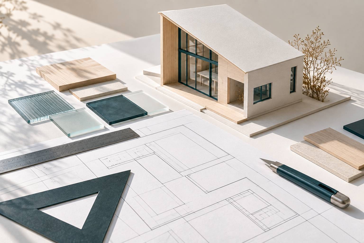 Maquette architecturale en carton avec règle et plan