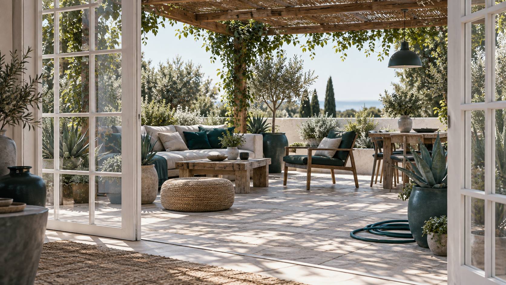 Jardin méditerranéen en terrasses avec murets de pierre sèche et oliviers au matin