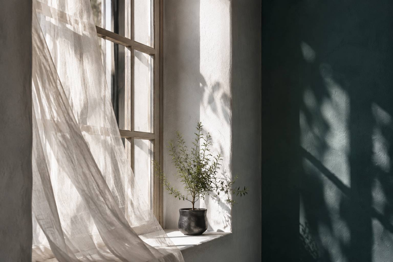 Détail de fenêtre à croisillons fins avec plante en pot et jeu de lumière sur un mur blanc