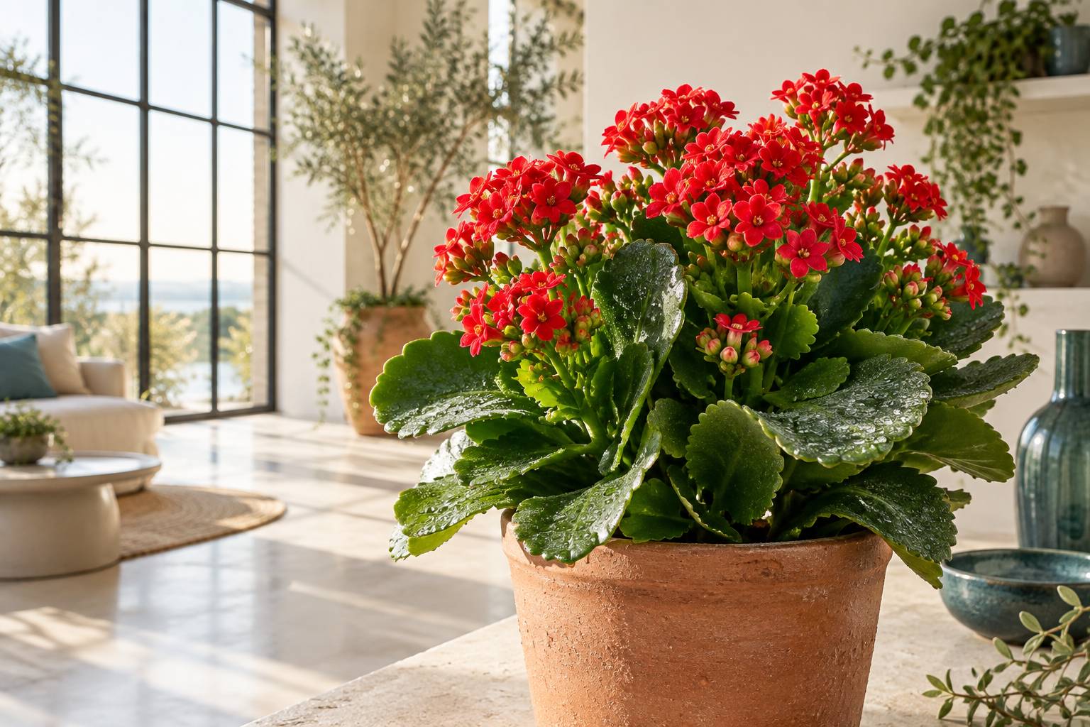 Gros plan sur les feuilles charnues et les fleurs rouges d'un Kalanchoé