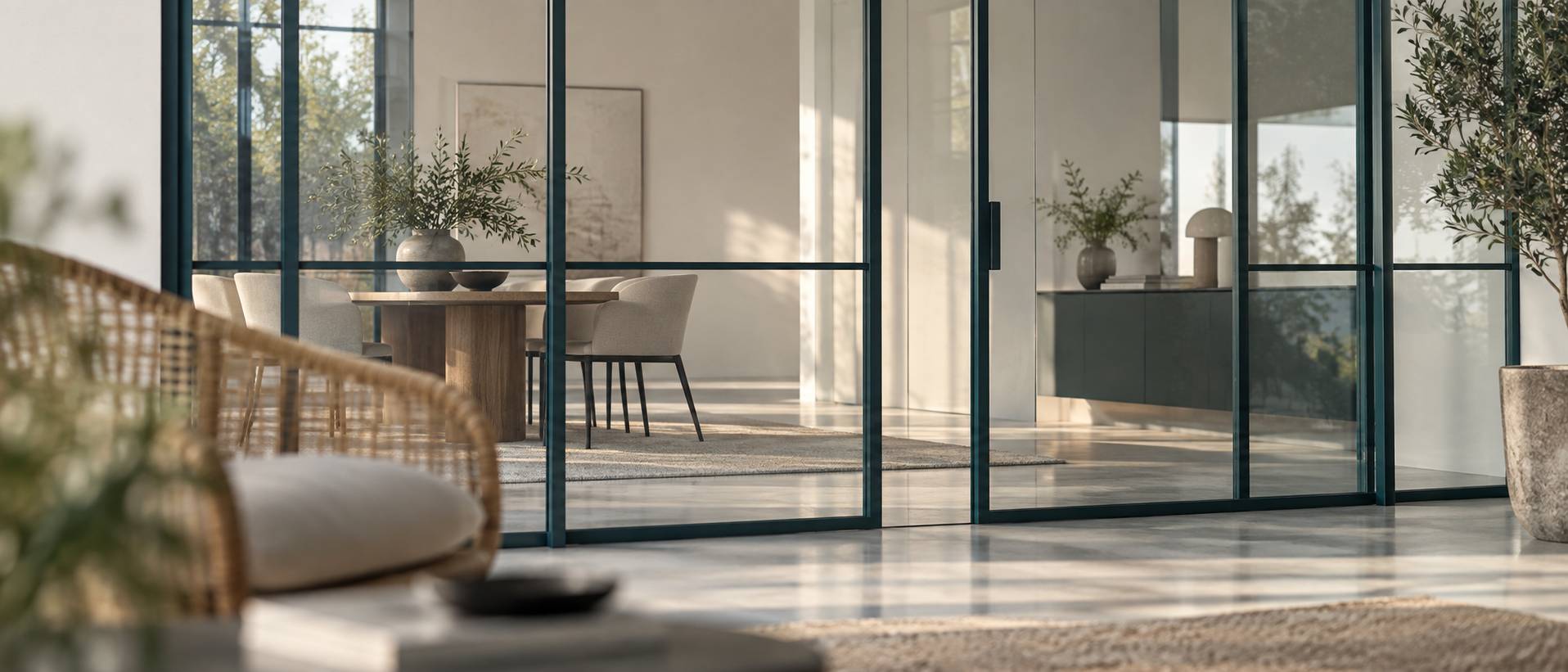 Détail de cloison vitrée à meneaux fins dans un intérieur clair