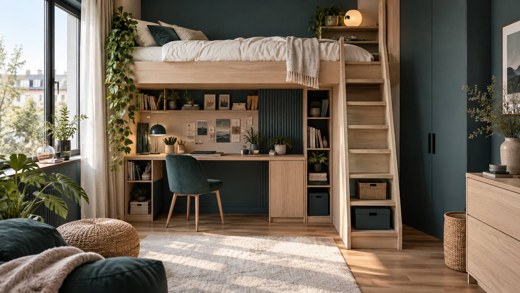 Lit mezzanine en bois clair au-dessus d'un bureau avec rangements intégrés
