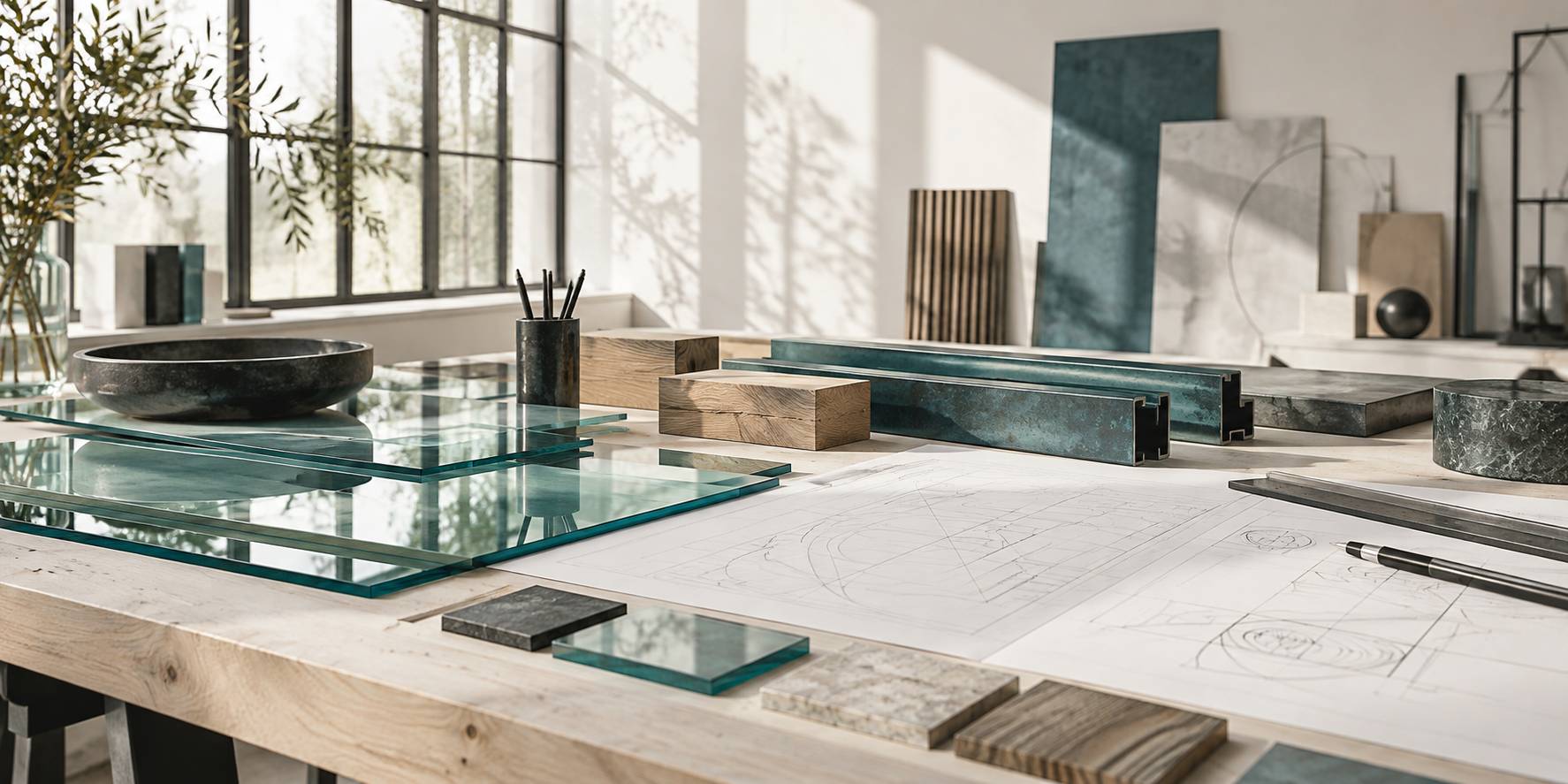 Gros plan sur des échantillons de verre, métal et bois sur un établi d'atelier