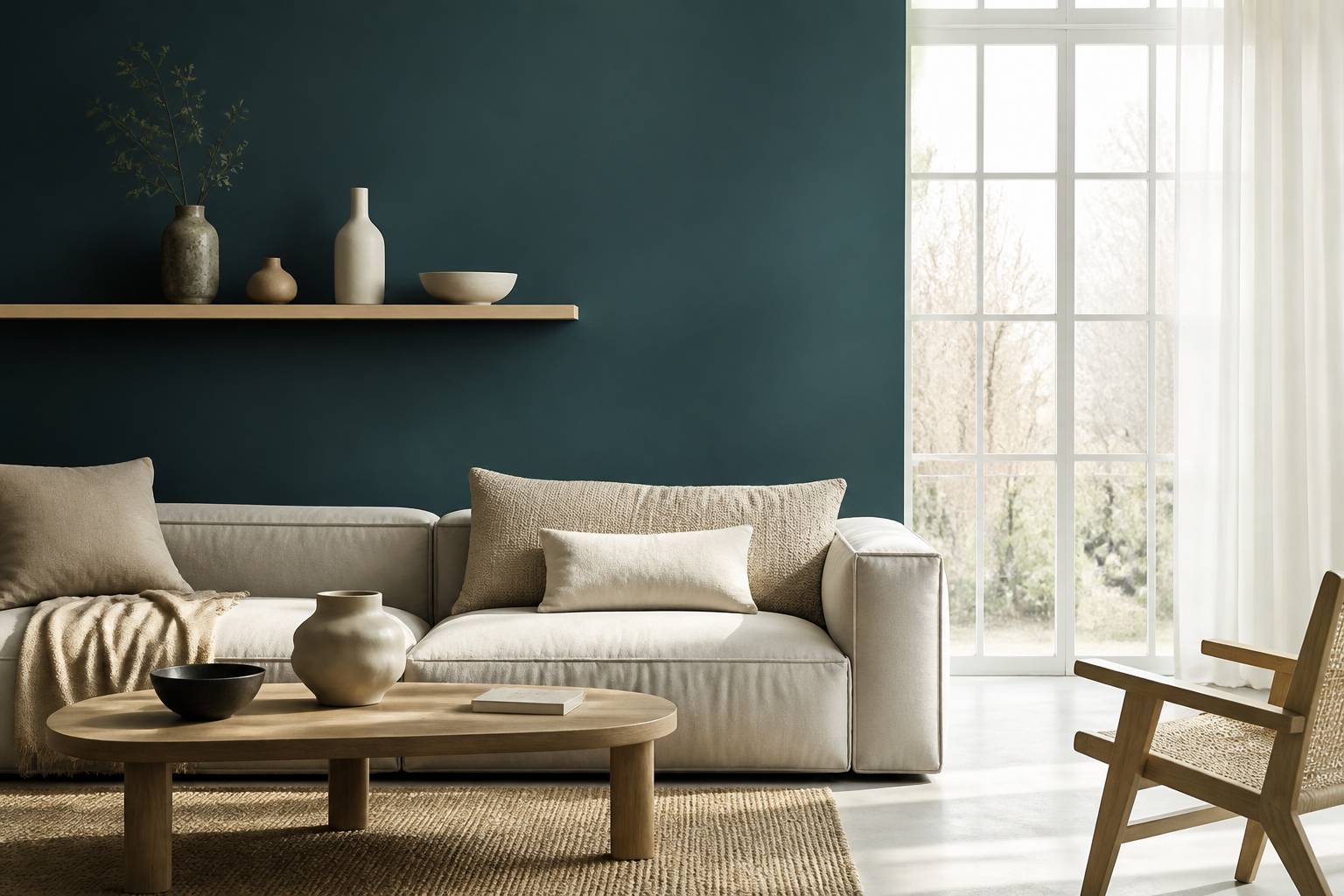 Mur bleu profond avec étagère en bois clair et vase en céramique