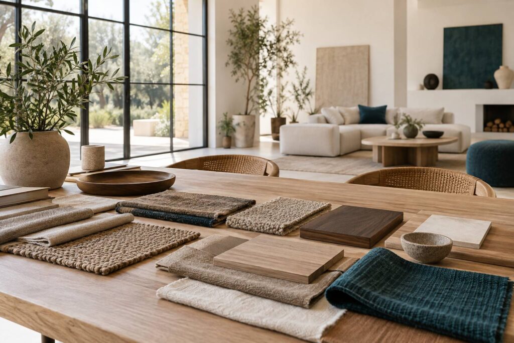 Echantillons de tissus et de bois aux tons bruns sur une table claire