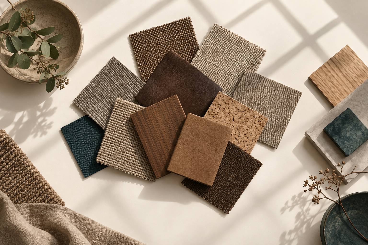 Carres de tissu, cuir et bois en tons bruns disposes en eventail