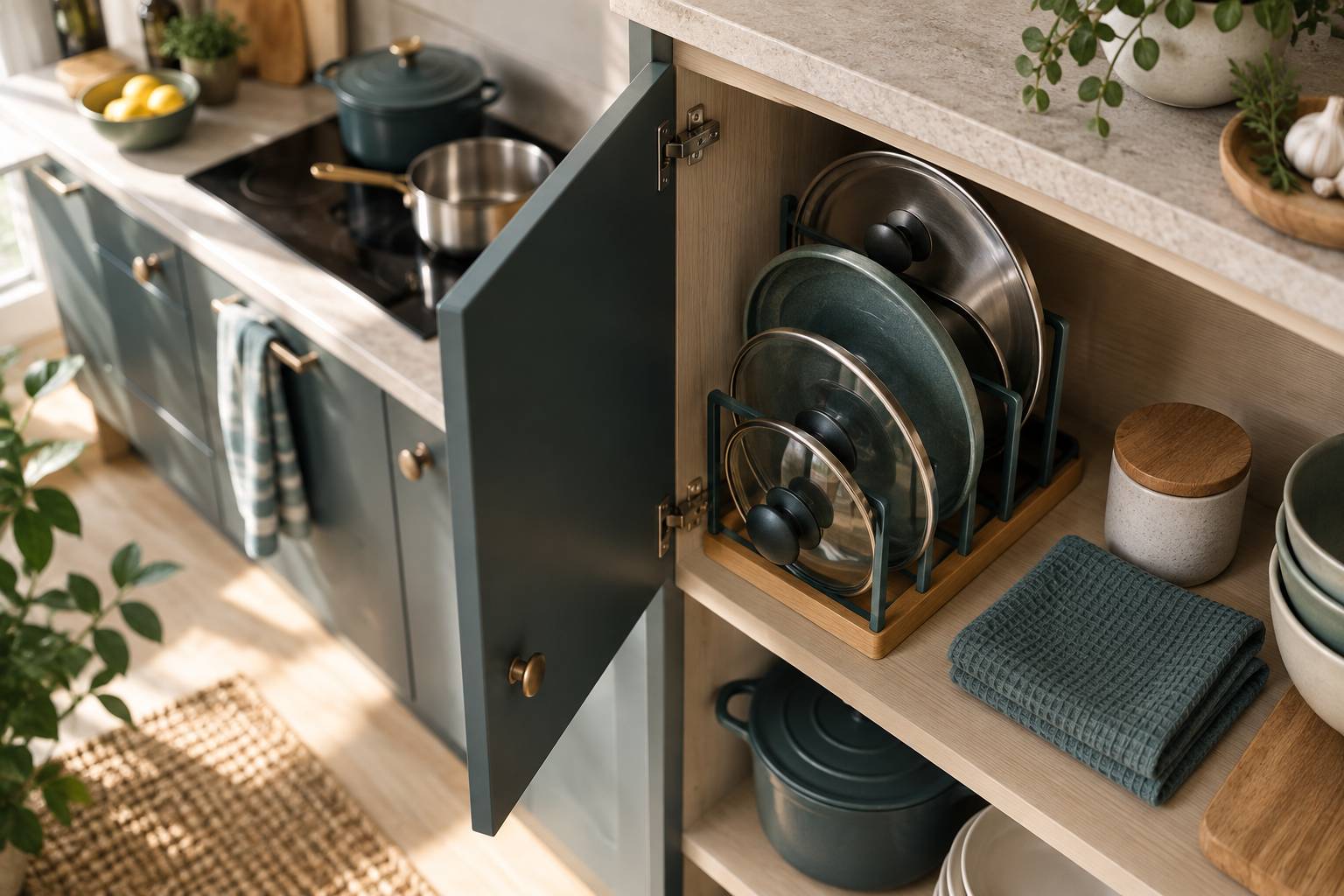 Placard de cuisine avec couvercles empiles sur support et torchon plie