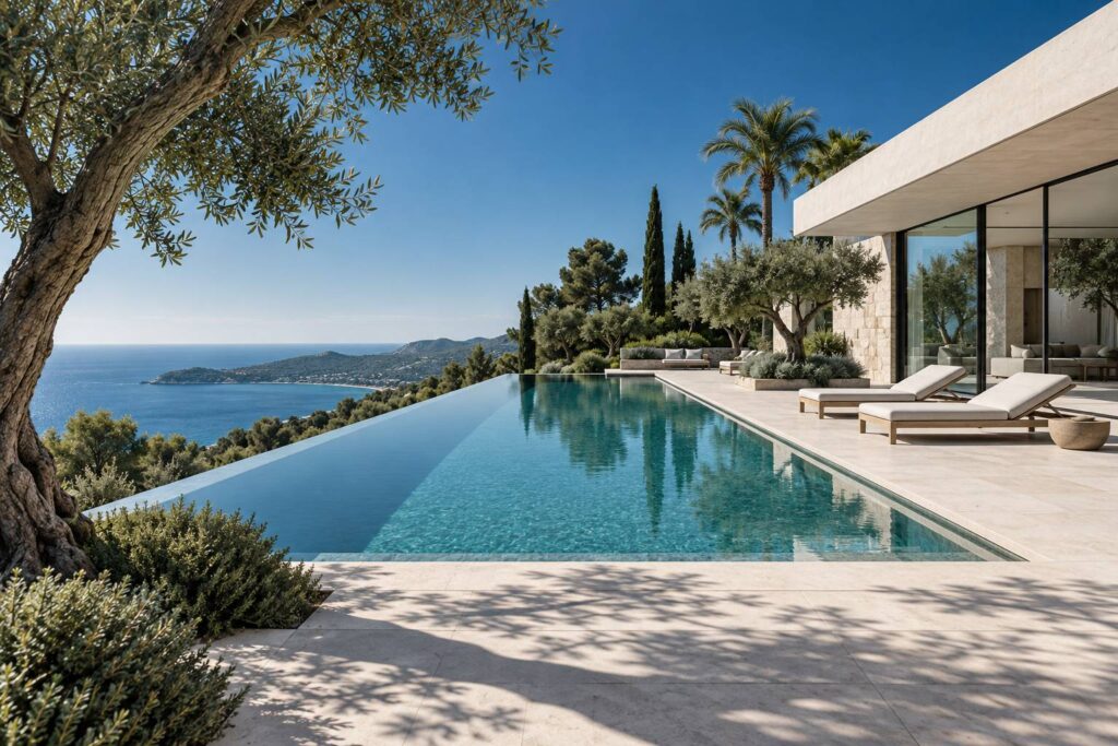 Piscine à débordement turquoise devant une villa moderne aux oliviers et palmiers