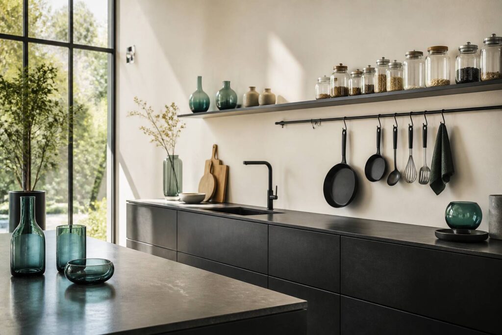 Cuisine lumineuse avec ustensiles suspendus à une barre murale et bocaux en verre