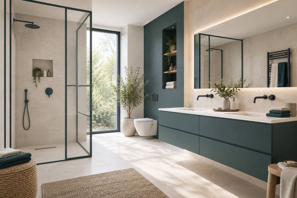 Salle de bains contemporaine avec douche à l'italienne et miroir lumineux