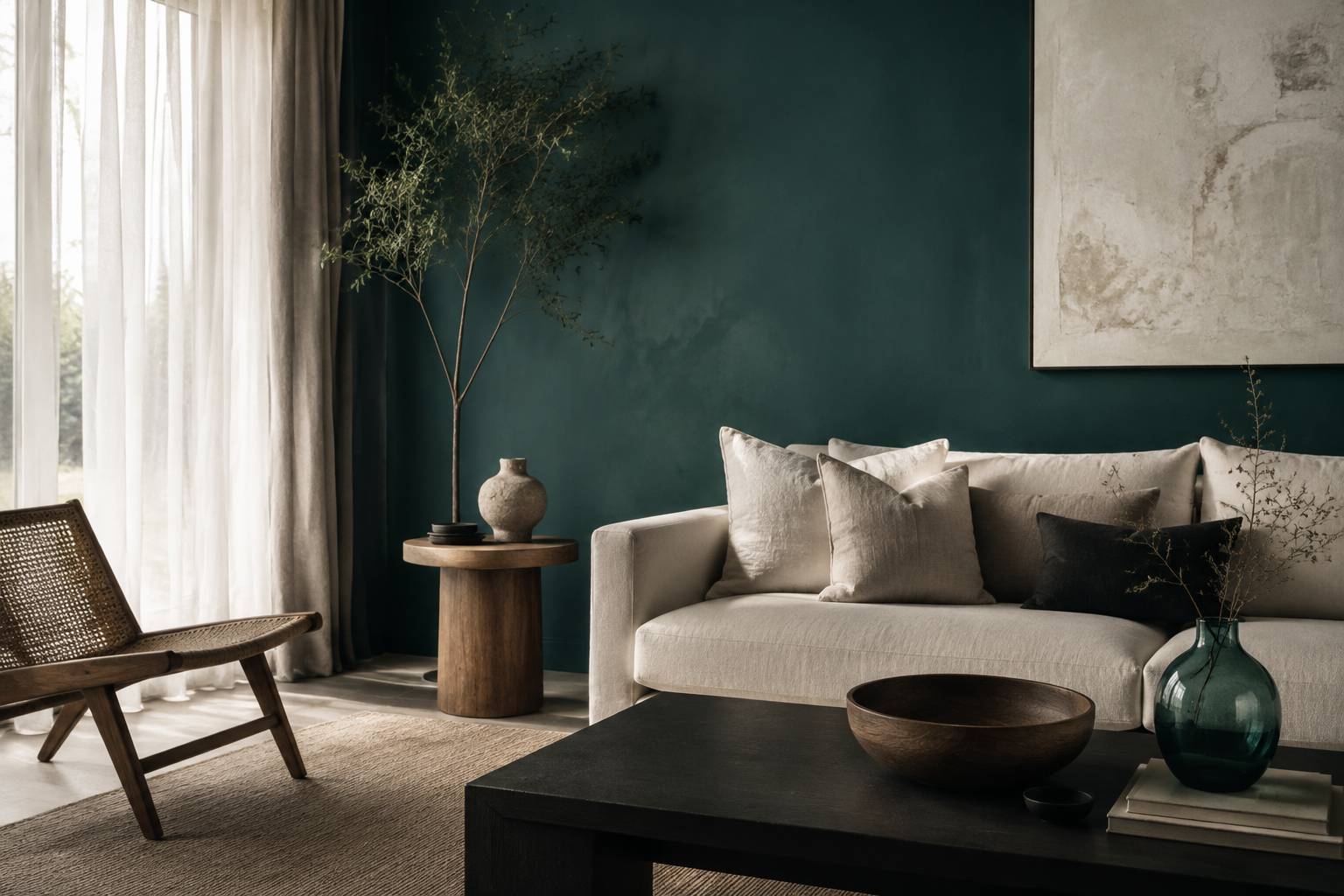 Coin salon avec mur accent vert pétrole, canapé sable et coussins en matières naturelles