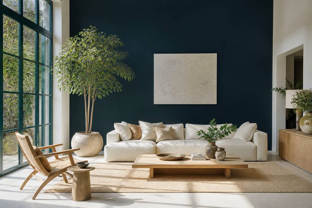 Salon avec mur bleu ardoise profond, canapé é cru et bois clair