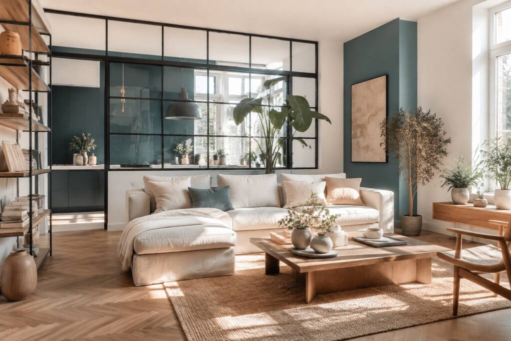 Salon contemporain lumineux avec verrière intérieure à fins meneaux noirs et canapé en lin sable