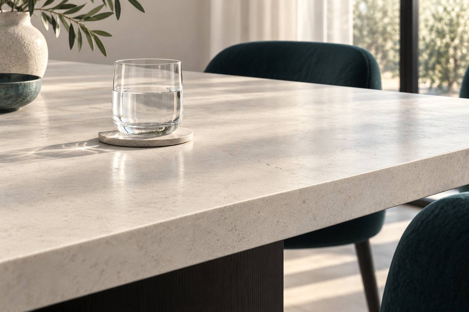Detail du chant epais d'un plateau de table en ceramique