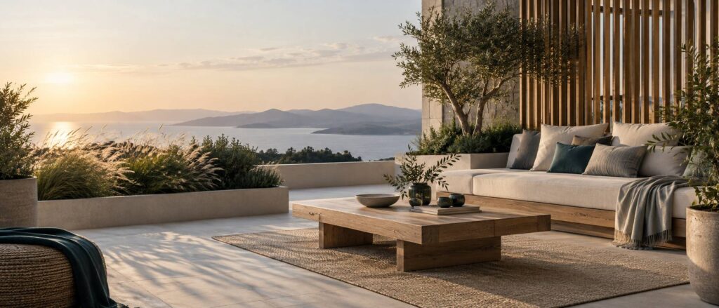 Terrasse aménagée avec banquette d'extérieur, claustra et jardinières