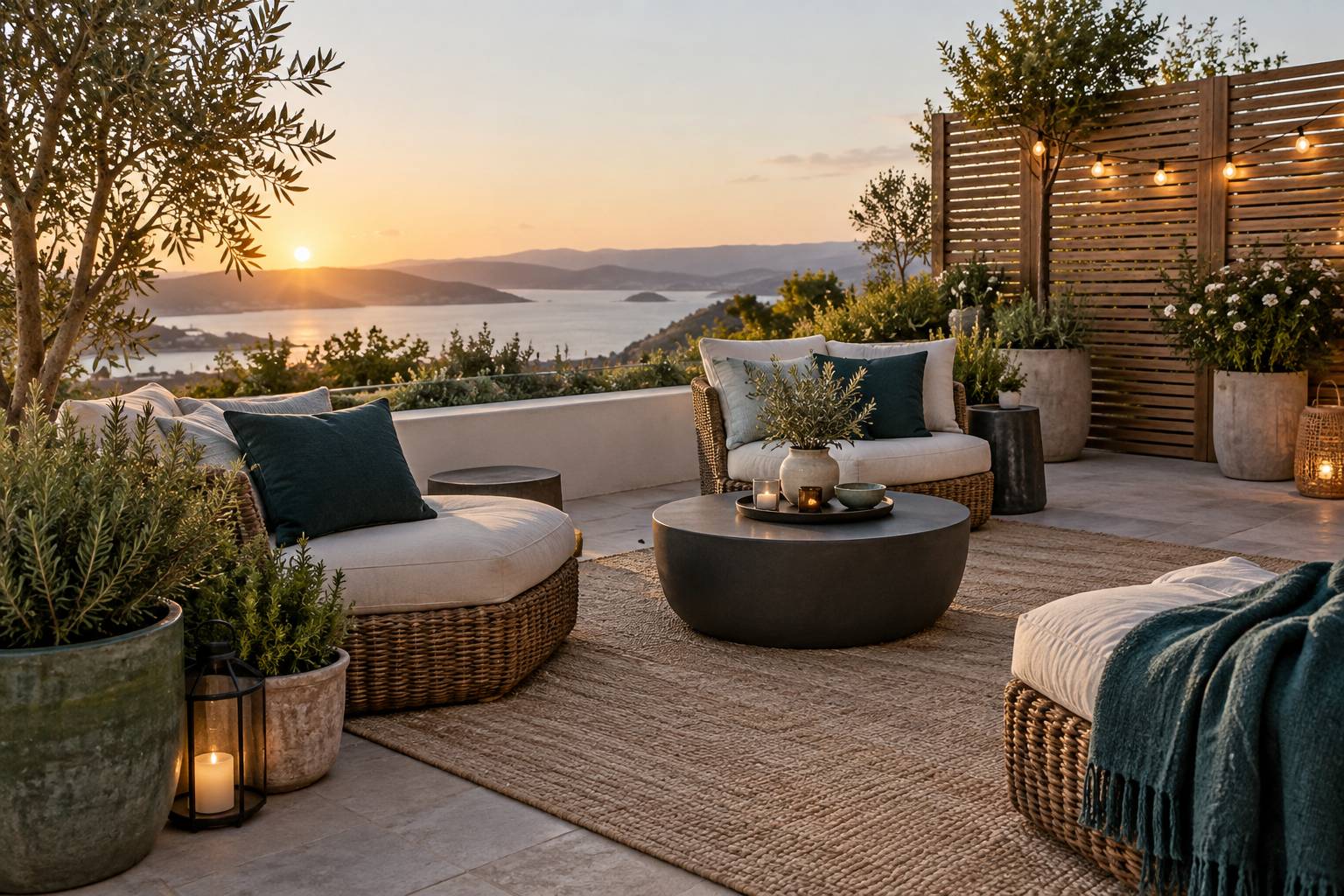 Coin détente de terrasse avec fauteuils bas tressés et plantes en pots