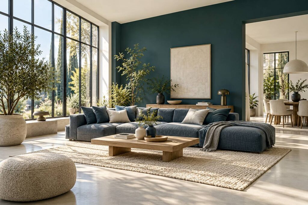 Interieur lumineux decline en tons bleus avec canape et coussins