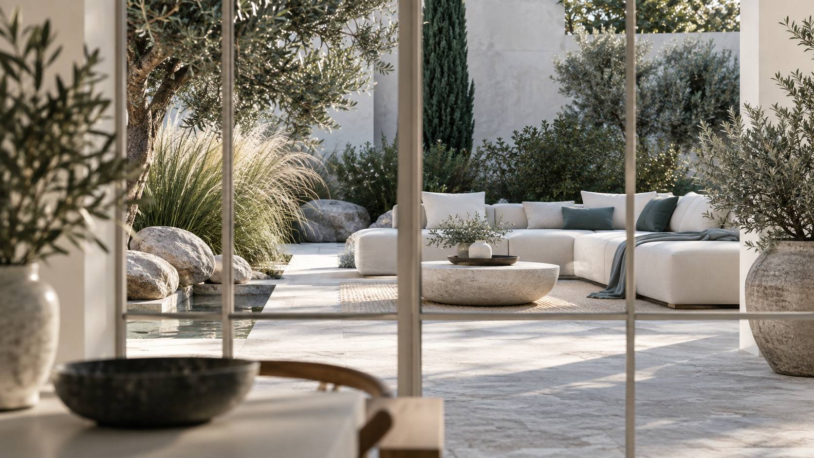 Coin détente d'un jardin contemporain mêlant minéral et graminées