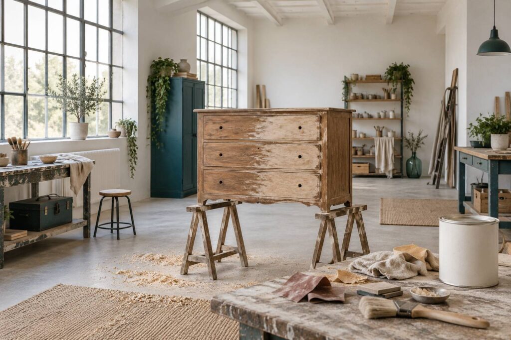 Atelier de relooking avec commode en bois en cours de poncage